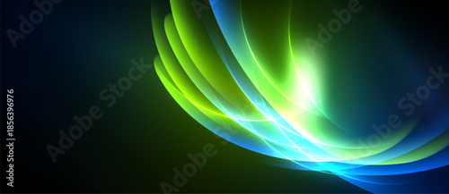 Abstract luminous curves, vibrant greens, blues radiate from central bright point. Dark background emphasizes flowing energy, light trails.