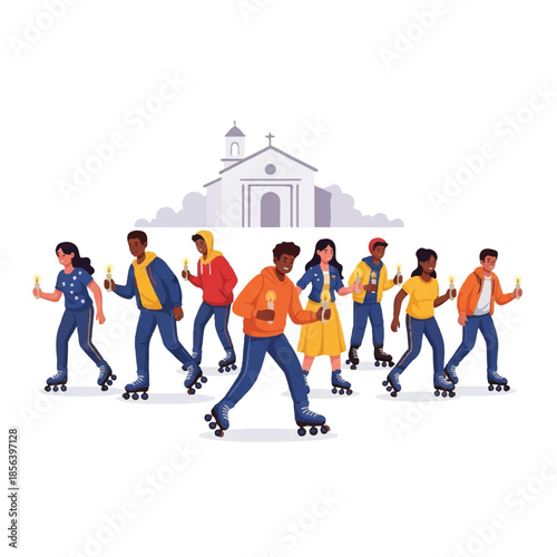 Diverse youth roller skating with candles outside a church.