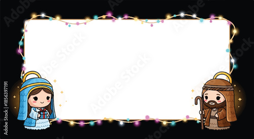 Cute mary and joseph christmas frame with holiday string lights.
