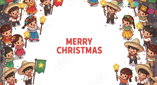 Merry christmas posada frame with cute cartoon kids.