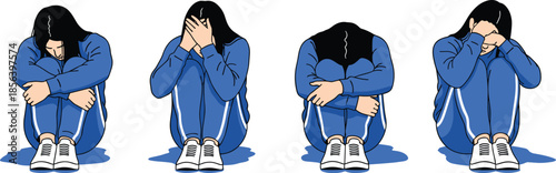 Cartoon emotional distress, sitting person illustration, mental health awareness, introspective posture, sadness concept, blue tracksuit figure, depression metaphor, isolated pose