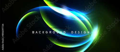 Abstract luminous curves form dynamic design. Bright colors blend, creating futuristic visual impact. Dark background emphasizes glowing elements.