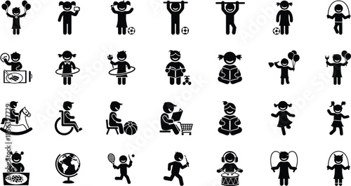 Children activity silhouettes, playful icons, educational poses, sports and hobbies, black figure set, childhood movement, recreation, learning, fun actions