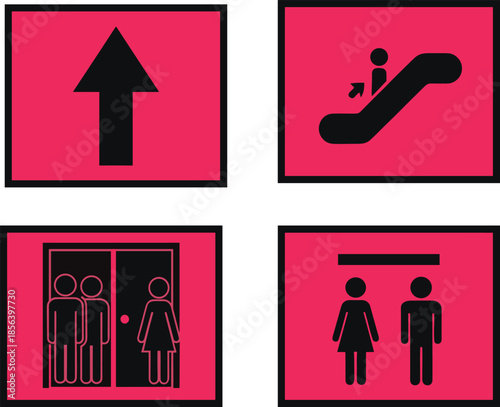Public facility signage icons set, elevator escalator restroom direction symbols, pink safety wayfinding signs vector illustration for buildings