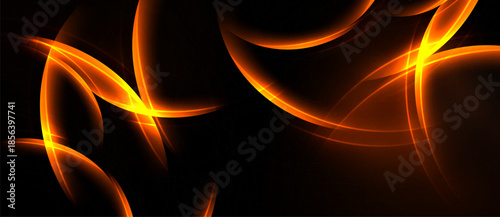 Abstract orange glows swirl against black background. Dynamic lines create energy, warmth, visual interest. Modern design element.