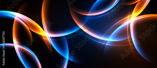 Abstract glowing lines, curves, shapes. Bright orange, blue hues dominate dark background. Modern digital art composition.