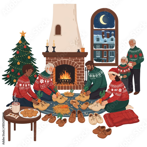 Family preparing clogs with carrots for a holiday tradition.