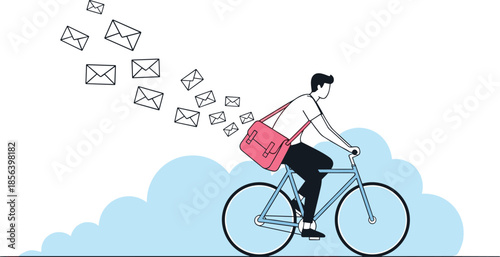 Courier bicycle delivery, messenger bag, flying envelopes, digital mail concept, postal service, communication, fast transport, modern illustration, email, cloud background