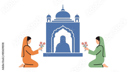 Two women in traditional attire offering flowers at a blue shrine.