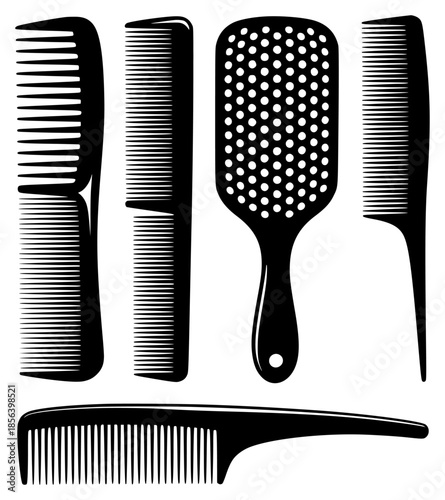 Collection of black and white silhouettes of various hair combs and brushes a white background styling