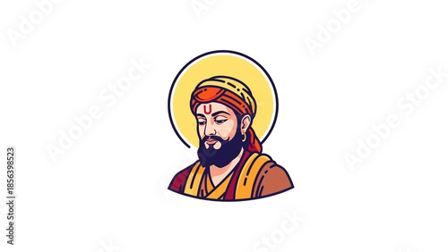 Illustration of a historical Indian warrior king with a halo.