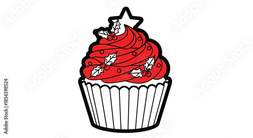 Festive Christmas Cupcake with Red Swirl Frosting and Holly Toppers - Holiday Dessert Illustration