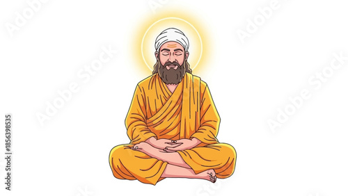 Man meditating in saffron robes with halo.
