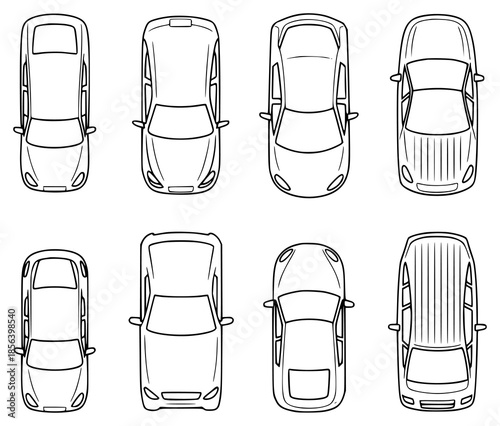 Collection of black and white vehicle silhouettes viewed from directly above automobile transport