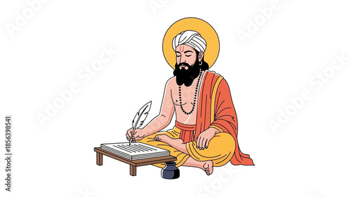 Ancient Indian scholar writing with quill and inkwell.