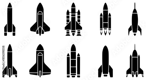 Collection of black rocket and space shuttle silhouettes for space exploration and travel concepts
