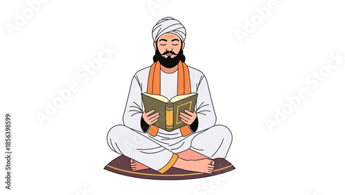 Man in traditional attire reading a holy book cross-legged.