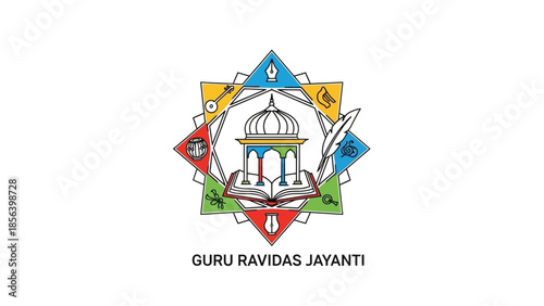 Guru Ravidas Jayanti emblem with a central shrine and book, surrounded by symbolic elements.