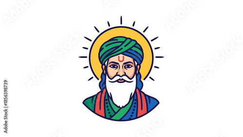 Guru Nanak Dev Ji illustration with turban and beard.