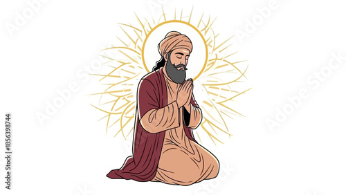 Guru Nanak Dev Ji praying with hands folded in devotion.