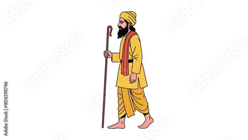 Sikh man in traditional attire walking with a staff.