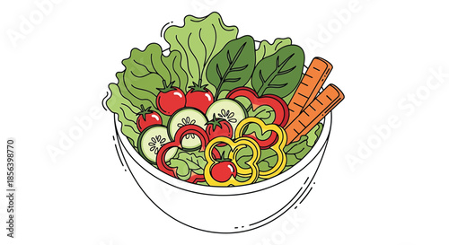 Vibrant Hand-Drawn Bowl of Fresh Garden Salad - Healthy Green Meal Illustration