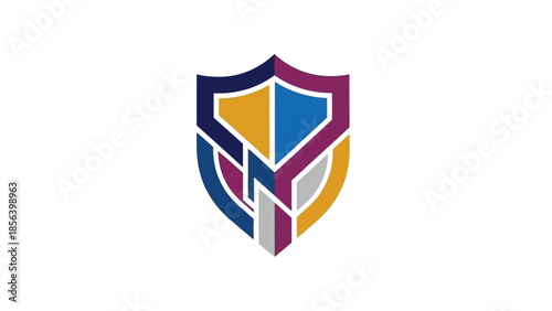 Colorful shield logo with geometric design.