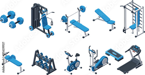 Gym equipment collection, dumbbells, weight machine, bench press, workout bench, pull-up station, cardio gear, treadmill, elliptical, exercise bike, fitness