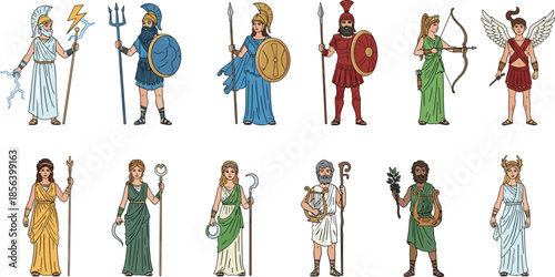 Greek mythology cartoon set, twelve gods and goddesses, classical attire, symbolic items, ancient culture icons, educational character illustration
