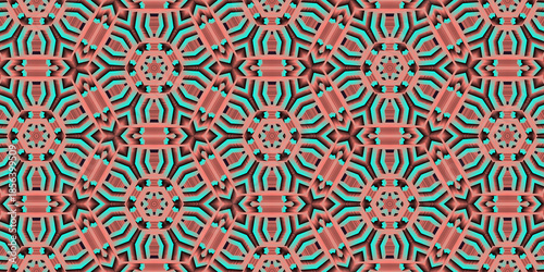 Seamless fractal geometric pattern with repeating hexagonal and star shapes in turquoise and coral colors forming a kaleidoscopic abstract background.