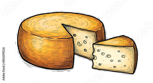 Detailed Hand-Drawn Wheel of Artisanal Cheese with Wedge - Vibrant Culinary Food Illustration