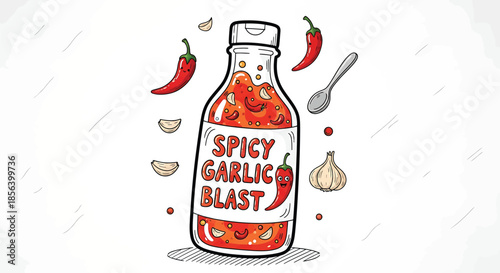 Whimsical Hand-Drawn "Spicy Garlic Blast" Hot Sauce Bottle - Vibrant Condiment Illustration