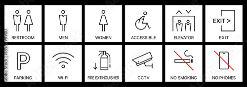 Minimalist Public Facility Signage Icons Set for Wayfinding and Information Design