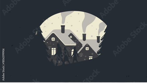 Cozy village homes under snowy night sky with smoke rising