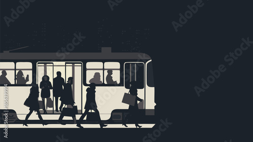 People boarding a city tram at night in silhouette