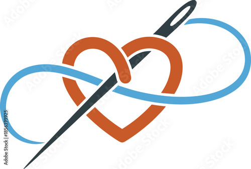 Love of craft solid flat vector of a needle and thread, thread loops messy beautiful heart shaped knot