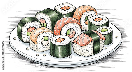 Vibrant Hand-Drawn Sushi and Maki Platter - Detailed Culinary Japanese Cuisine Illustration