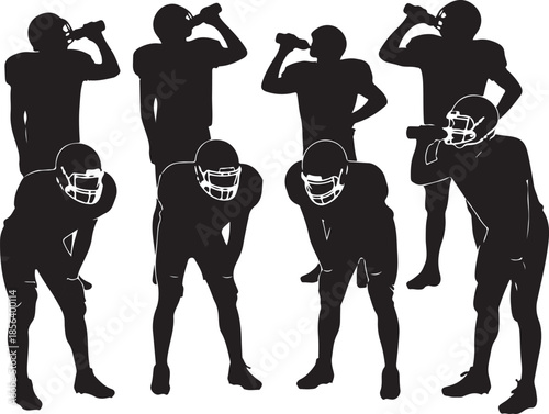 Silhouette Group of Football Players Hydrating and Resting During Halftime or Practice Session , Generative Ai