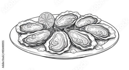 Detailed Hand-Drawn Oysters on the Half Shell with Lemon - Gourmet Seafood Platter Illustration