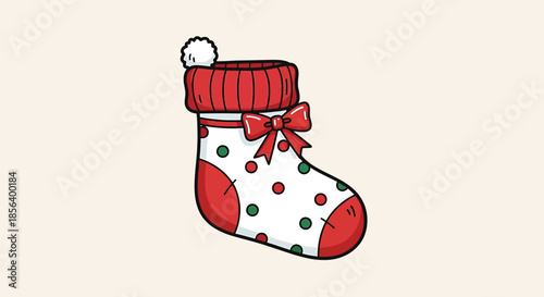 Whimsical Polka Dot Christmas Stocking with Red Bow - Festive Holiday Apparel Illustration