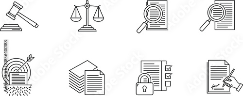 Legal, icons, document, law, justice, gavel, scale, review, secure, signature, padlock, checklist, agreement, authorization, vector, illustration, black, white, line, symbols