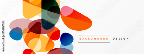 Abstract colorful shapes overlap, creating dynamic visual texture. Bright hues contrast with white space. Modern design element.