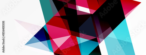 Abstract geometric shapes overlap, creating vibrant color contrasts. Composition features reds, blues, blacks, whites. Modern design element.