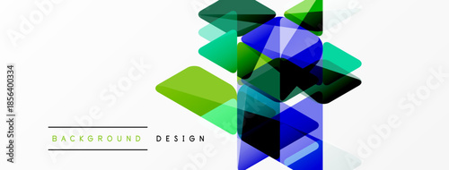 Abstract geometric shapes overlap, creating vibrant color gradients. Modern design elements suggest innovation, technology, dynamism. Clean white background enhances visual impact.