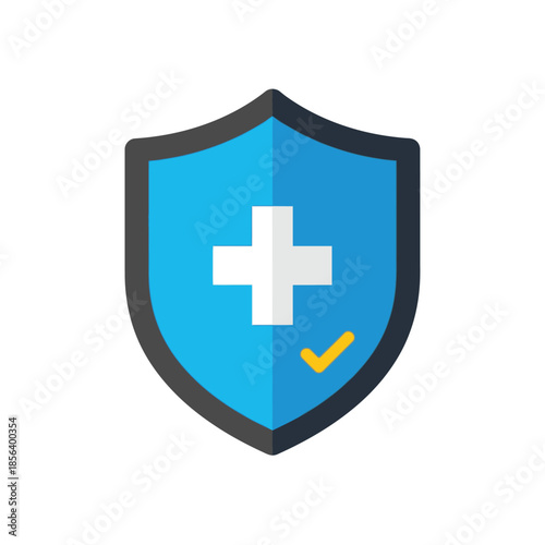 Medical Shield with Plus Symbol and Check Mark Healthcare and Protection Concept