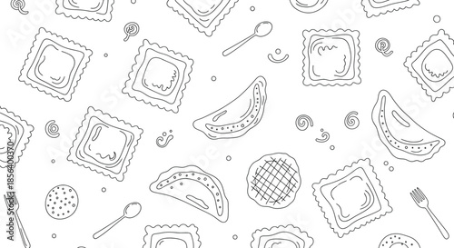 Hand-Drawn Italian Pasta Pattern with Ravioli and Dumplings - Whimsical Culinary Line Art Illustration
