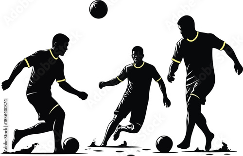 Stylized Silhouette Illustration of Soccer Players Dribbling with Footballs, Modern Graphic Design for Sports App or Branding , Generative Ai