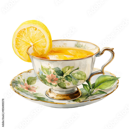 Elegant Tea Cup Set with Lemon Slice and Transparent Background