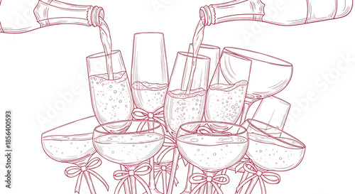 Elegant Celebration Sketch of Champagne Pouring into Multiple Flutes - Hand-Drawn Toast Illustration