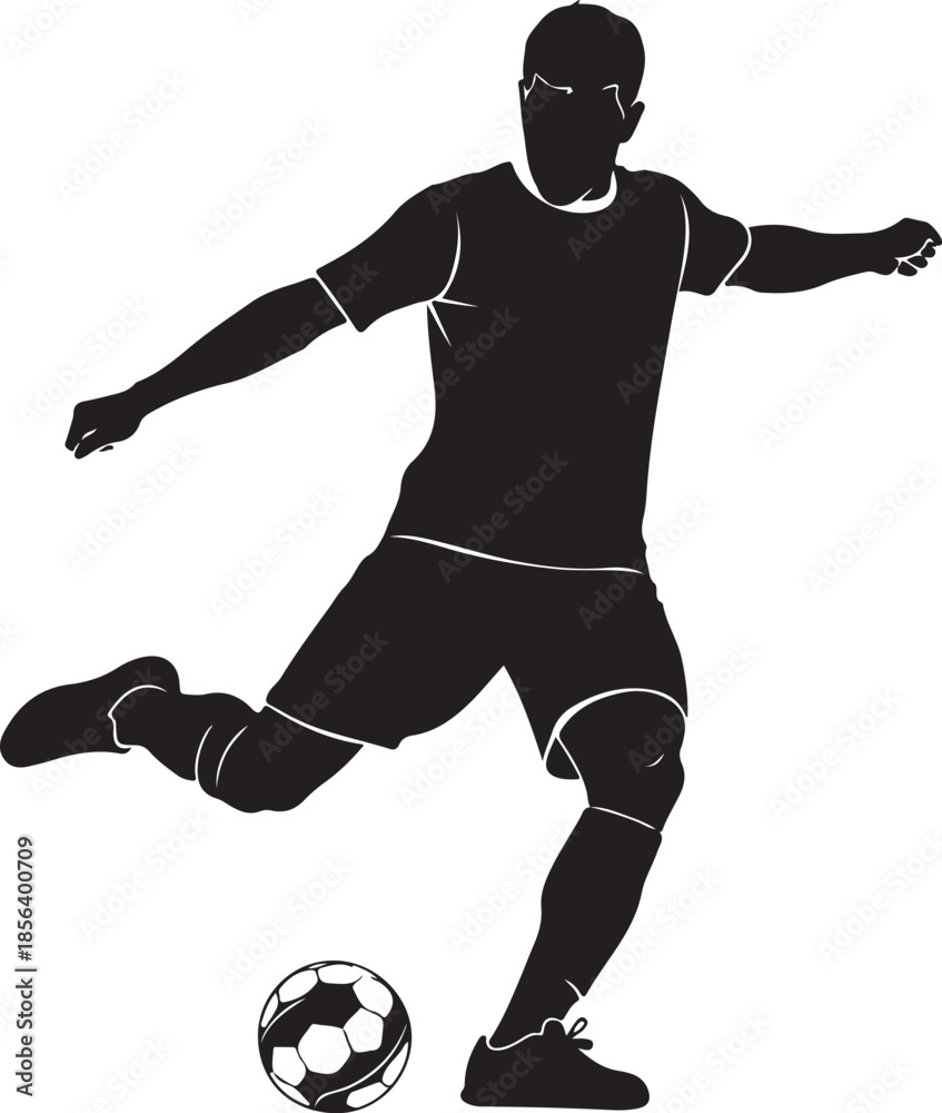Naklejka premium Silhouette of a Soccer Player Kicking a Ball, Athletic Motion Illustration for Football Sports Branding , Generative Ai
